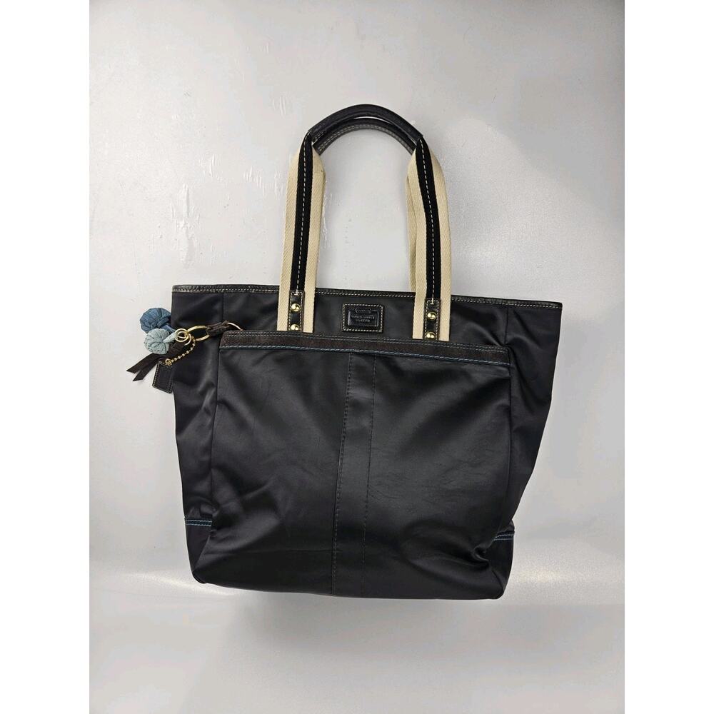 Coach Hampton Satin Suede Leather Trim Tote w/ Turquoise Suede Pom‎ Poms
